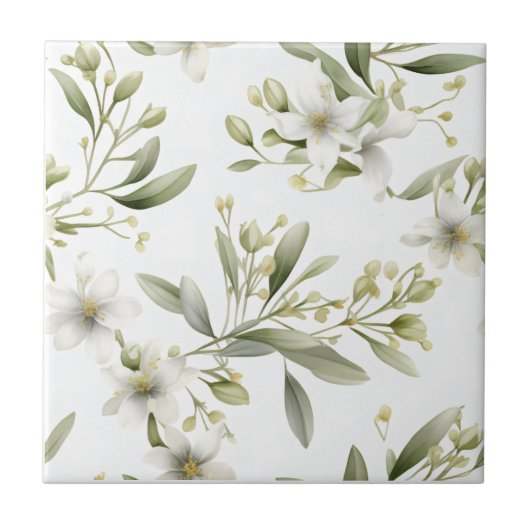 Salbei-Grün Weiße Blumenkeramikfliese Fliese (Vorderseite)