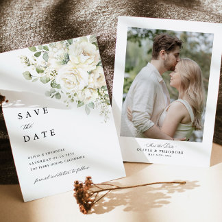 Salbei Grün Weiße Florale Foto Hochzeit Save The Date