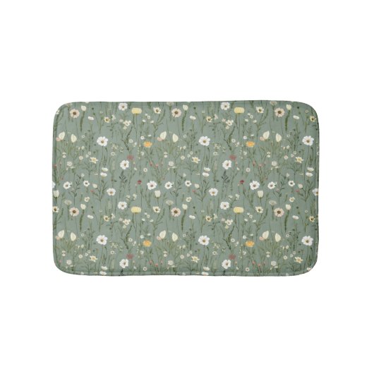 Salbei Grün Weiße Gelbe Wildblumen Boho Trend Badematte (Vorderseite)