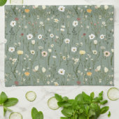 Salbei Grün Weiße Gelbe Wildblumen Boho Trendig Geschirrtuch (Gefaltet)