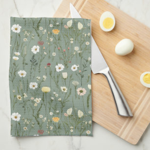 Salbei Grün Weiße Gelbe Wildblumen Boho Trendig Geschirrtuch