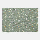 Salbei Grün Weiße Gelbe Wildblumen Boho Trendig Geschirrtuch (Horizontal)