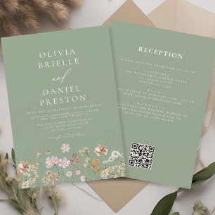 Salbei-Grün-Wildblumen-Hochzeit mit QR-Code Einladung