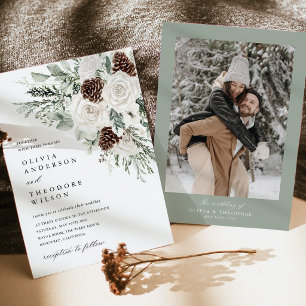 Salbei-Grün Winter Floral Pine Foto Rückseite Hoch Einladung