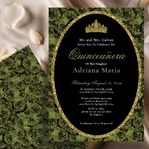 Salbei-grüne elegante goldene Blumen-Quinceanera Einladung