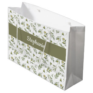 Salbei-Grüne-Oliven-Wasserfarbe-Monogramm-Name Große Geschenktüte
