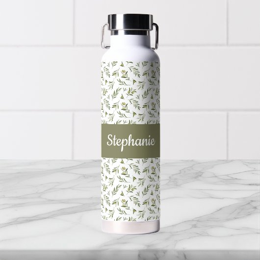 Salbei-Grüne-Oliven-Wasserfarbe-Monogramm-Name Trinkflasche