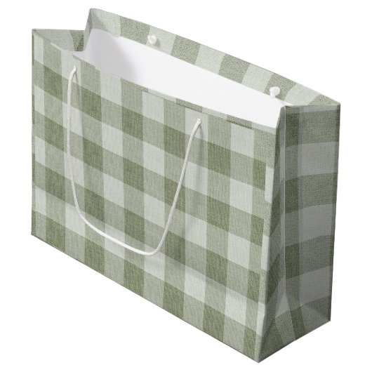 Salbei-Grüner Gingham-Buffalo-Karo-Linoleum-Textur Große Geschenktüte (Vorderseite Schrägansicht)