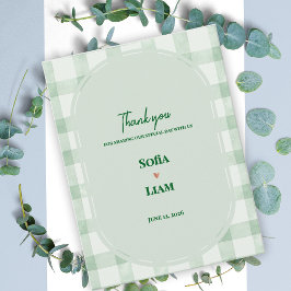 Salbei-Grüner Gingham-Gartenparty-Hochzeit Danke Postkarte