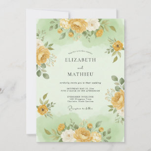 Salbei-Grüner-Goldene-Blüten-Hochzeit Einladung