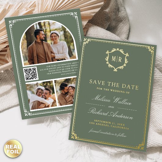 Salbei-Grüner QR-Code-Foto-Hochzeit Termin Karte