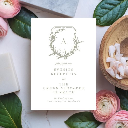 Salbei-grünes Monogramm-Wappen Hochzeitsempfang Begleitkarte
