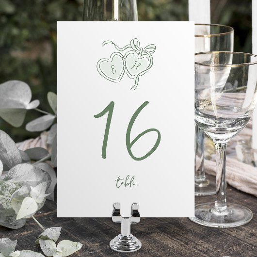 Salbei-Handgemalte-Herzen-Monogramm-Whimsical-Hoch Tischnummer