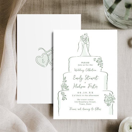 Salbei Handgezeichnete Hochzeitstorte Whimsical Einladung