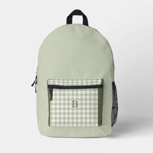Salbei & Jägergrün Gingham Trend Monogramm Bedruckter Rucksack (Vorderseite)