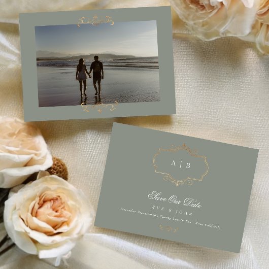 Salbei-Klassik-Foto-Monogramm-Hochzeit Save The Date