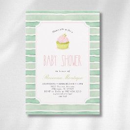 Salbei-Matcha-Cupcake-Vintage-gestreifte Babyparty Einladung