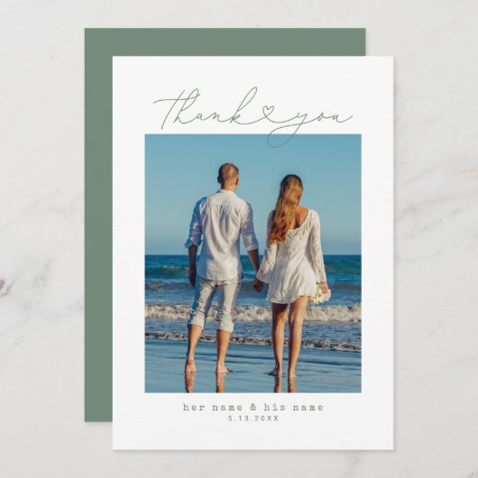 Salbei | Minimalistische einfache Script-Herz-Hoch Dankeskarte (Vorne/Hinten)