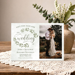 Salbei & Oliven Grün Blätter & Foto Rustikale Hoch Save The Date