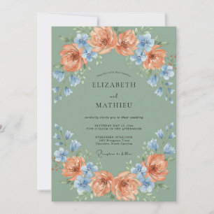 Salbei-Pfirsich-Blau-Blumenhochzeit Einladung