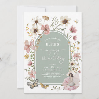 Salbei-Rosa-Wildblumenfee 1. Geburtstag Einladung