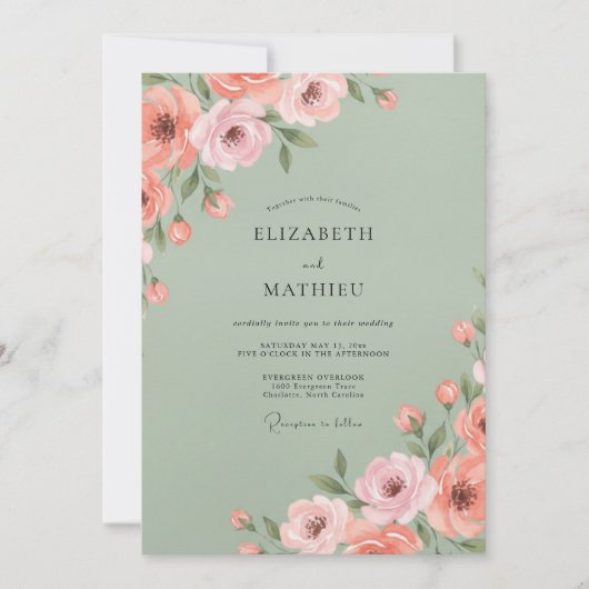 Salbei-Rosé-Blütenhochzeit Einladung (Vorderseite)