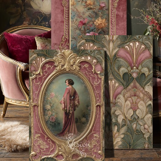 Salbei-Rot-Flapper Art Nouveau 3-Panel-Set Geschenkpapier Set