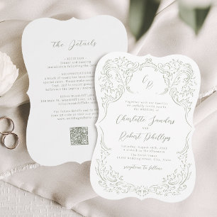 Salbei Skizziertes Vintage Flourish Monogramm Hoch Einladung