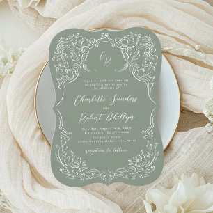 Salbei Skizziertes Vintage Flourish Monogramm Hoch Einladung