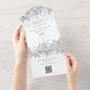 Salbei- und Fliedergrün QR-Code-Monogramm-Hochzeit All In One Einladung