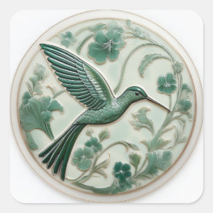 Salbei- und Minzfaux-Relief Art Nouveau Kolibri R Quadratischer Aufkleber