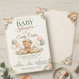 Salbei- und Rosé-Teddybär-Baby-Shower-Einladung Einladung