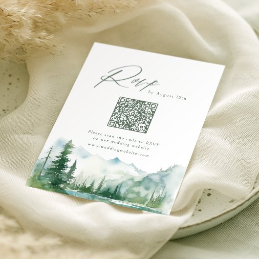 Salbei-Wasserfarben-Gebirgswald-Rustikal-QR-Code RSVP Karte