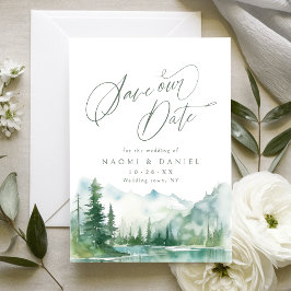 Salbei-Wasserfarben-Gebirgswald-Rustikale-Hochzeit Save The Date