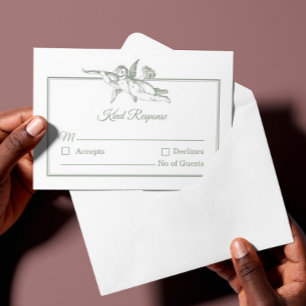 Salbeigraue Toile de Jouy Cherub-Hochzeits-Antwort RSVP Karte