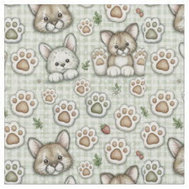 Salbeigrün Beige Gingham Süße Katzenpfotenabdruck  Stoff