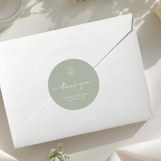Salbeigrün | Chic & Moderne Hochzeitsmonogramm Runder Aufkleber