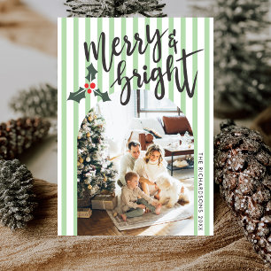 Salbeigrün gestreifte Merry & Bright Weihnachtsfot Feiertagskarte