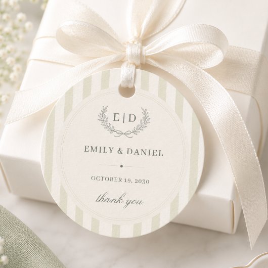 Salbeigrün gestreifte Monogramm-Hochzeit Geschenkanhänger