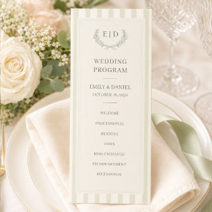 Salbeigrün gestreifte Monogramm-Hochzeit Programm