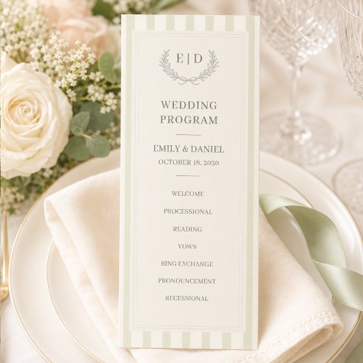 Salbeigrün gestreifte Monogramm-Hochzeit Programm