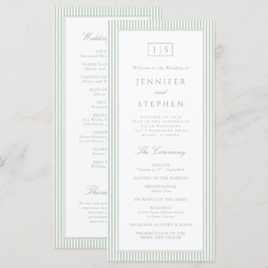 Salbeigrün gestreiftes Hochzeitsprogramm Programm (Vorne/Hinten)