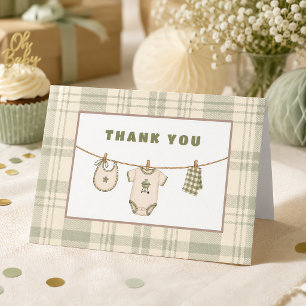 Salbeigrün Gingham-Baby-Party Vintage-BBQ Dankeskarte