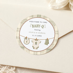 Salbeigrün Gingham-Baby-Party Vintage-BBQ Runder Aufkleber