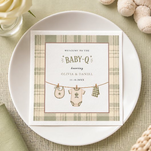 Salbeigrün Gingham-Baby-Party Vintage-BBQ Serviette