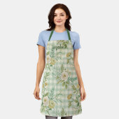 Salbeigrün Gingham Blumen Personalisiert Schürze (Getragen)