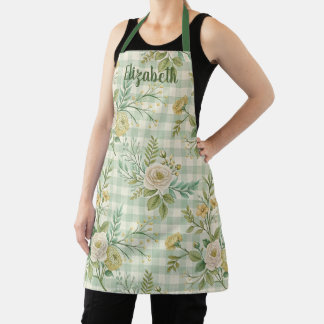 Salbeigrün Gingham Blumen Personalisiert Schürze