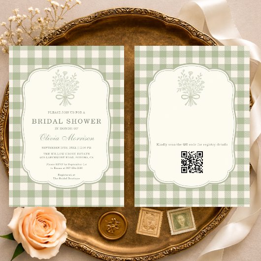 Salbeigrün Gingham Blumen QR Code Brautparty Einladung