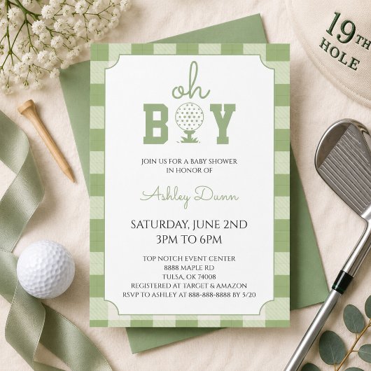 Salbeigrün Gingham Golf Baby Shower Einladung