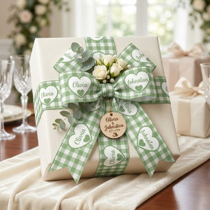 Salbeigrün Gingham-Herzen Benutzerdefinierte Paarn Satinband